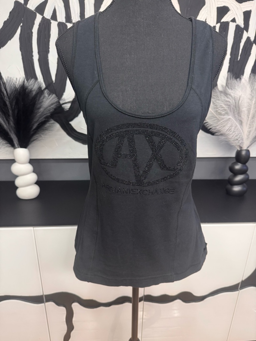 Armani Exchange Black AX Logo Tank Top Womens Large Rhinestone Sleeveless Chic